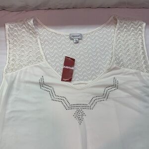 NWT Avenue Plus Size 3X White Sleeveless Rhinestone & Lace Tunic Top Boho Chic
